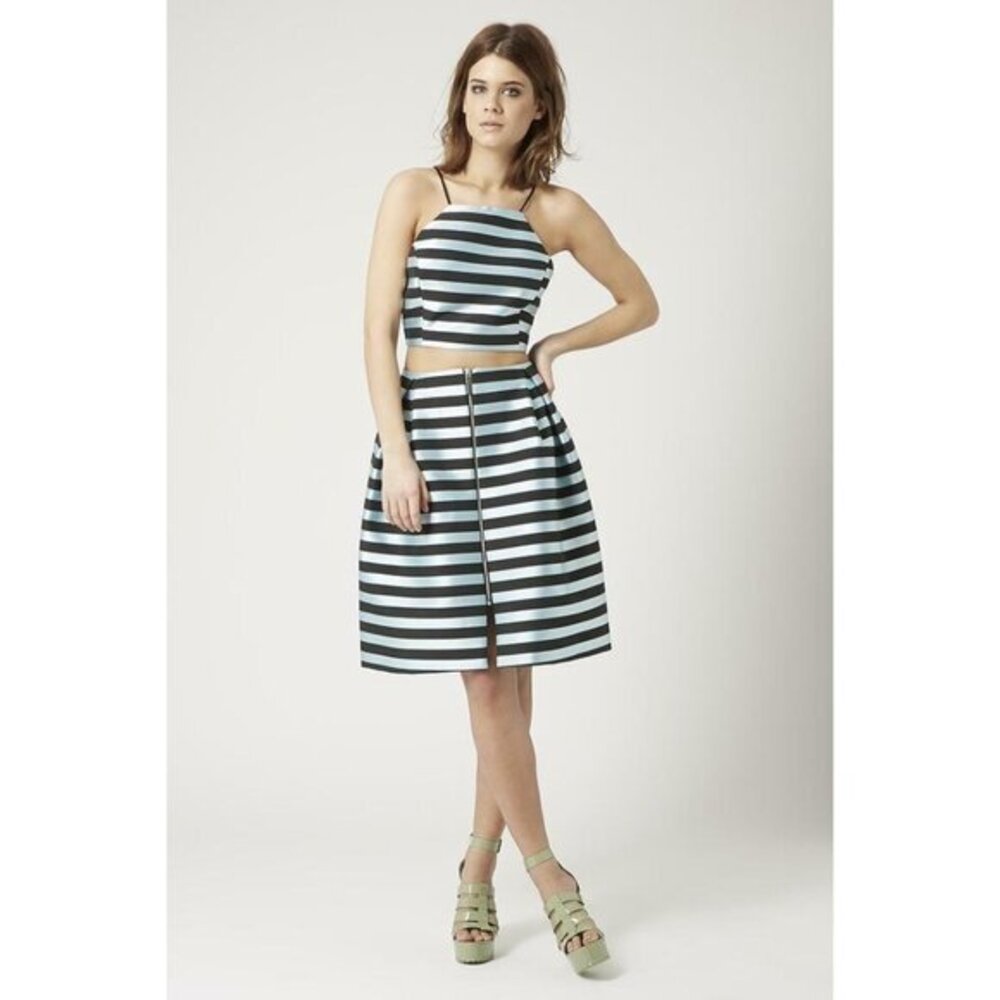 TOPSHOP A Line Skirt Striped Satin Scuba Zipper Blue Black Skirt SZ 8 NEW